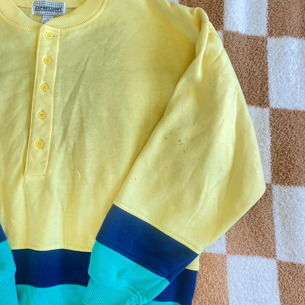 Expressions Retro Crewneck Button Up Sweater Yell… - image 2